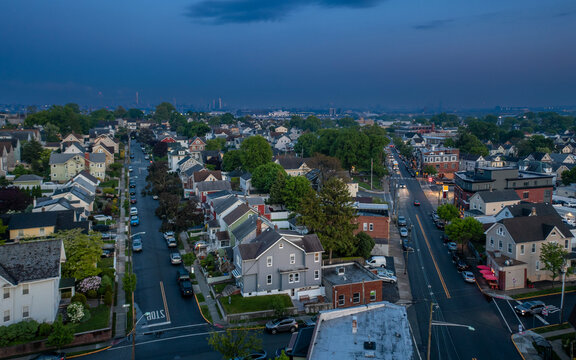 Evening aerial view of East Rutherford New Jersey with Meadowlands and NYC in the distance