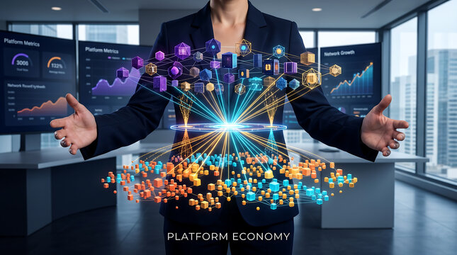 Person presenting digital network connections and data visualization in modern office