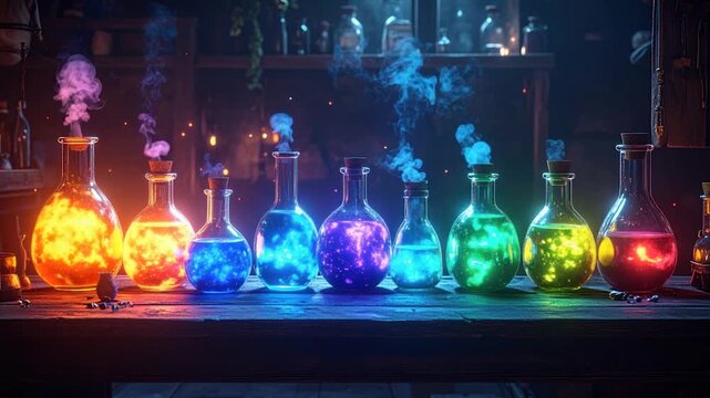 Colorful potions in glass bottles line a wooden table, emitting steam in a mysterious setting