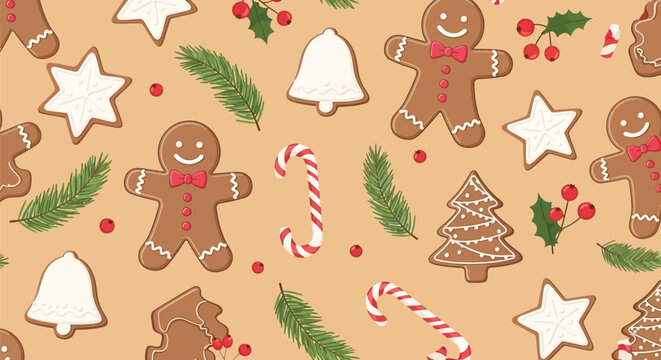 Festive christmas pattern with gingerbread cookies fir branches candy canes bells and stars on beige background for holiday celebrations.