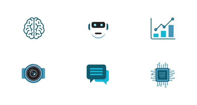 Artificial intelligence icons flat design set including human brain robot face data analytics chart.