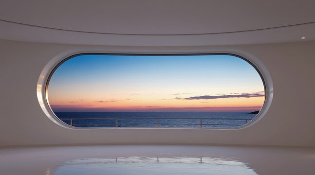 Modern minimalist room with large oval window overlooking ocean sunset. Interior design offers serene sea view. Clean lines complement calm natural scene.