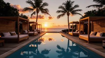 Fototapeta premium Tropical resort pool with cabanas offers calm relaxation near ocean. Sunset sky colors reflect in water. Palm trees sway in warm evening air. Peaceful luxury vacation setting.