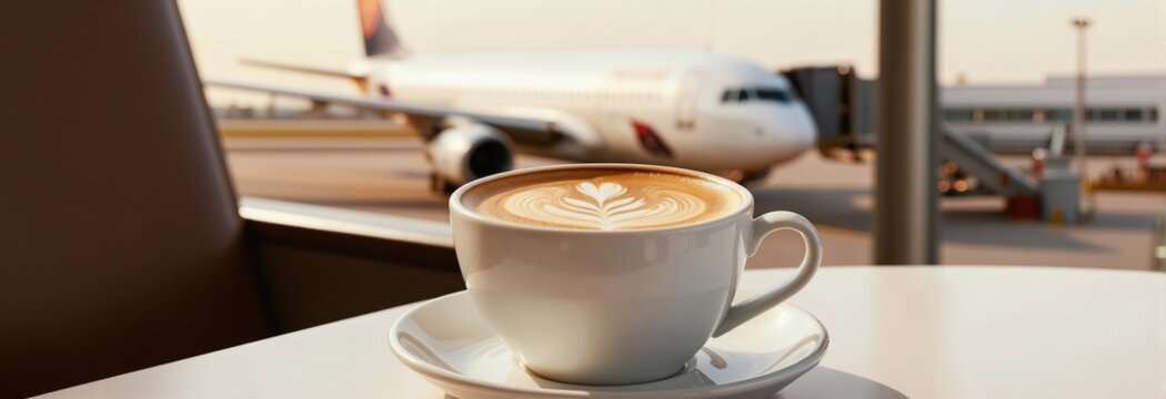 Coffee with latte art sits on table by airport window. Airplane waits on tarmac in soft background blur. Peaceful moment before flight departure.