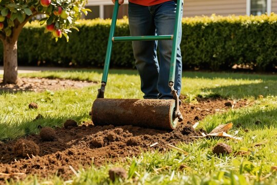 Person uses soil spreader roller on lawn. Gardener prepares garden bed for new grass seeds. Homeowner works on backyard landscaping project. Male repairs yard soil with equipment.