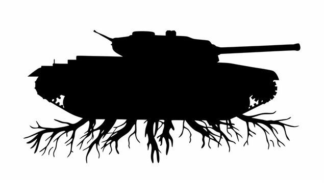 Tank silhouette with tangled tracks and roots symbolizing conflict and environmental damage war and nature concept