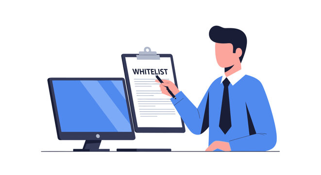 Business Professional Holding Whitelist Clipboard Near Computer, Cybersecurity and Access Control Concept Vector Illustration