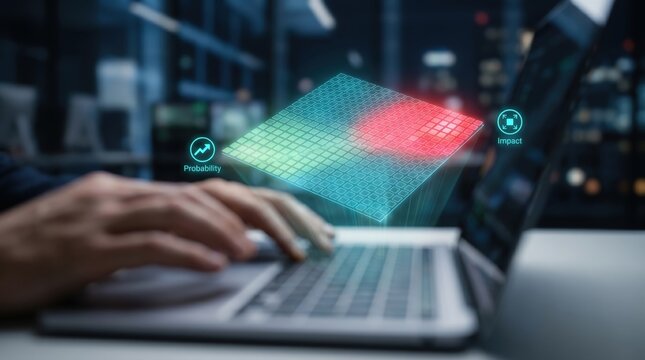 Enterprise Risk Management and Assessment Concept: Hands on Laptop with Holographic Risk Matrix Heatmap, Probability, and Impact Icons