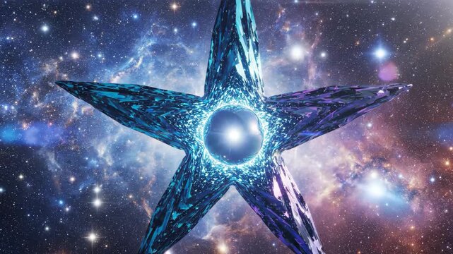 A five-pointed star made of blue crystalline material glows with a central energy core against a vibrant starry nebula. This high-fidelity 3D animation represents abstract cosmic energy or mystical sp