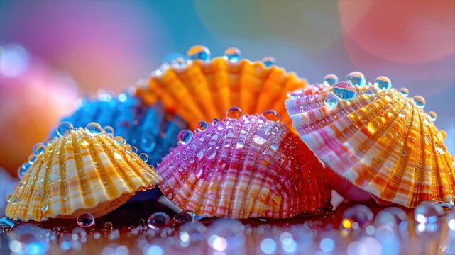Colorful seashells with water droplets, a macro view with bokeh background