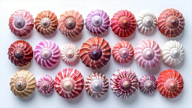 Rows of colorful, spiraled shells on a white background. Variety of shades, top-down view