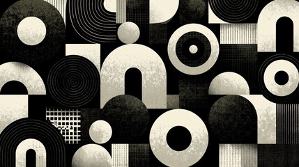 Obraz premium Abstract Geometric Pattern Featuring Monochromatic Bauhaus Style Shapes and Texture Overlays