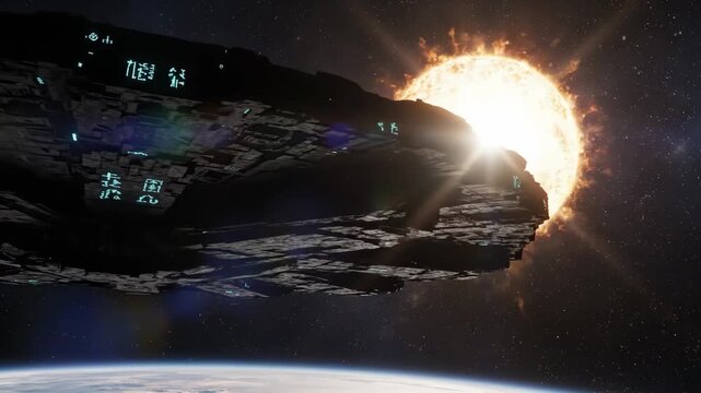 A massive, detailed spacecraft orbits close to a glowing yellow sun with intense lens flares. This cinematic 3D animation depicts interstellar travel and advanced space exploration.