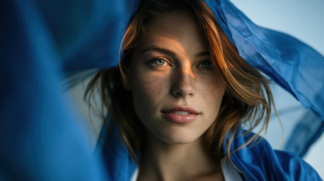 Stunning Portrait of a Young Woman with Freckles and Blue Fabric Veiling Her Face in Soft Light