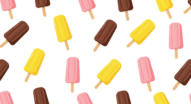 Colorful summer frozen ice cream popsicle seamless pattern with chocolate pink and yellow flavors on white background for kids textile design or wall paper.