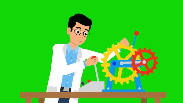 A 2D flat vector character of a male scientist or mechanical engineer wearing a white lab coat pulls a lever to rotate complex interlocking gears. The functional industrial loop is set against a solid