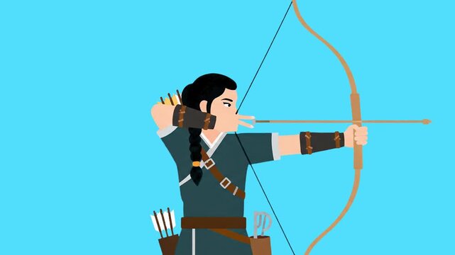 A flat vector cartoon character of a female warrior or archer with black braided hair pulls back her bowstring to aim an arrow. The continuous loop is positioned against a solid light blue backdrop fo