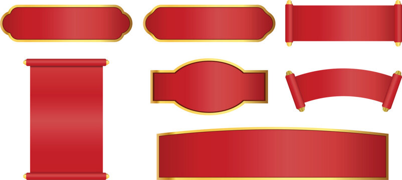 Set of red and gold oriental scroll banners and labels, traditional Chinese style paper scrolls and decorative frames isolated on white background
