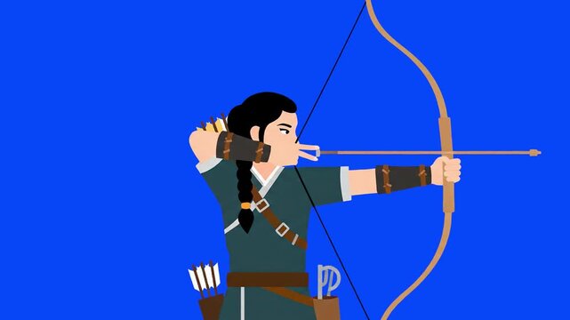An animated 2D vector character of a woman with a braid, drawing a bow and aiming. Ideal for sports, fantasy, historical, or training-themed video projects.