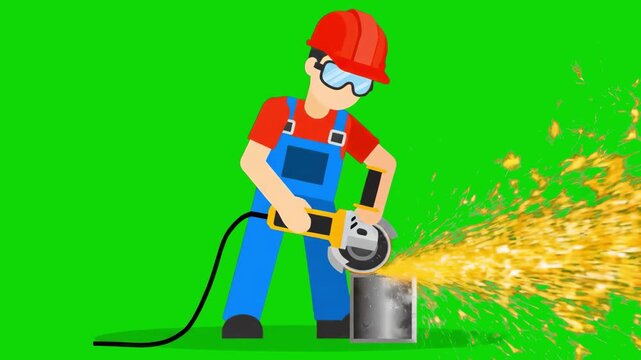 A professional 2D vector animation of a construction worker in a hard hat and protective glasses using an angle grinder, creating bright sparks. Perfect for industrial, repair, DIY, and construction s