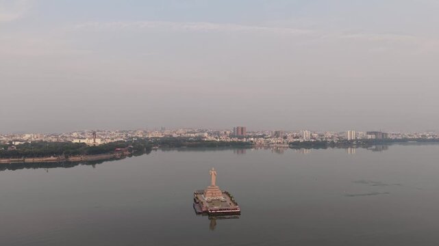 Aerial shot of Buddha Statue at Hussain Sagar Lake in Hyderabad, India