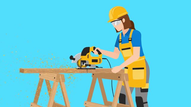 A woman in a yellow hard hat and safety goggles operates a power saw to cut timber on a sawhorse. This flat-style animation illustrates manual labor, construction, and female empowerment in trades.