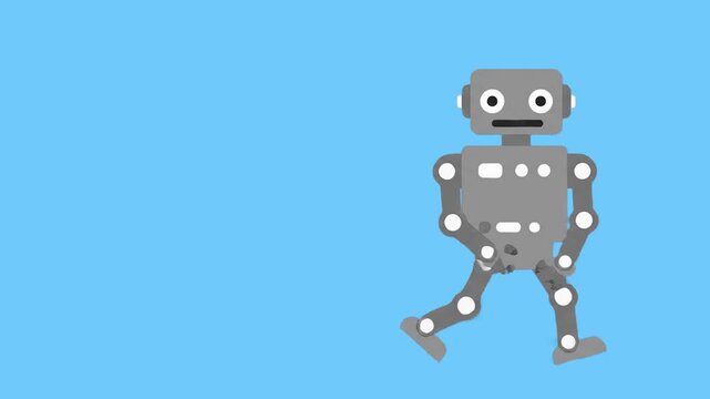 A simple flat vector animation shows a grey mechanical robot character walking forward in profile view. The clean loop is set against a solid light blue background, perfect for technology and futurist