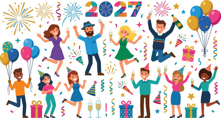 Fototapeta premium 2027 New Year Party Vector with People Dancing, Fireworks, Balloons, Champagne, and Festive Decorations