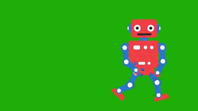 A red mechanical toy-style robot walks across a solid green background. This 2D flat animation is perfect for chroma key compositing in technology or education projects.