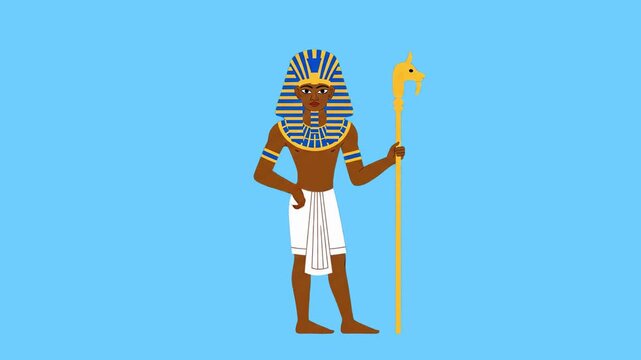 A stylized 2D animated character of an ancient Egyptian Pharaoh holding a scepter. Great for educational historical projects, history-themed games, or cultural documentaries.