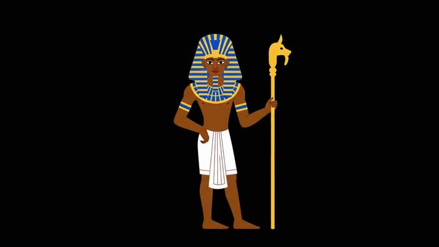 An animated Egyptian pharaoh character standing with a royal staff, featuring traditional headwear and regalia. Great for historical projects, cultural education, and themed video production.