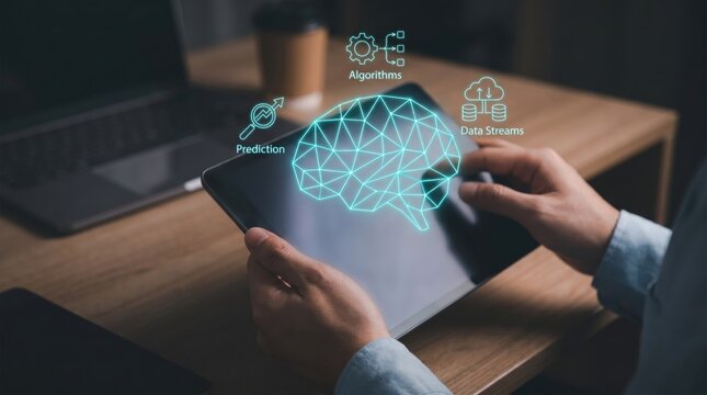 AI Financial Forecasting and Predictive Analytics Concept: Person with Tablet and Holographic Brain Network Processing Algorithms and Data Streams