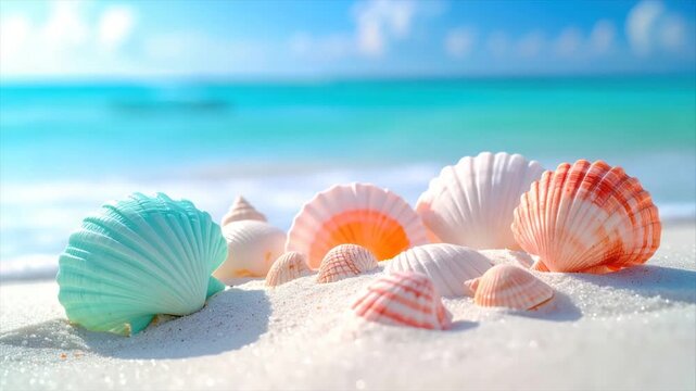 Colorful seashells on white sand beach with ocean background and blue sky