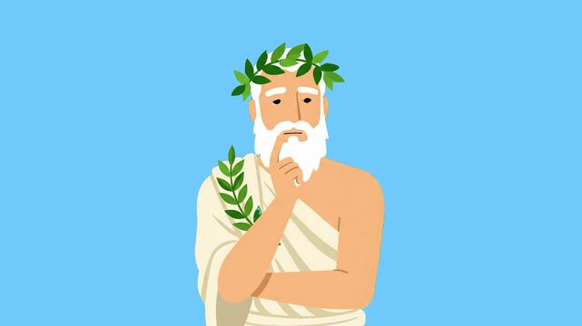 A 2D animation of an ancient Greek philosopher with a white beard and laurel wreath, looking thoughtful. Excellent for educational content, historical documentaries, and literature presentations.
