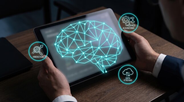 AI Financial Forecasting and Predictive Analytics Concept: Person with Tablet and Holographic Brain Network Processing Algorithms and Data Streams