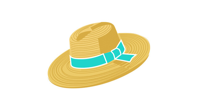 Creative woven straw hat vector icon featuring a fully customizable editable stroke, this colorful line illustration is perfect for summer travel, beach holidays, and minimalist style graphics.