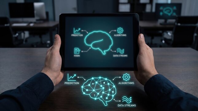 AI Financial Forecasting and Predictive Analytics Concept: Person with Tablet and Holographic Brain Network Processing Algorithms and Data Streams
