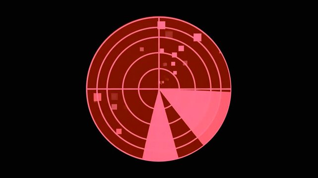 A circular red sonar or radar interface performs a sweep scan to detect blips and coordinates. This UI animation represents military tracking, search systems, or technological monitoring.
