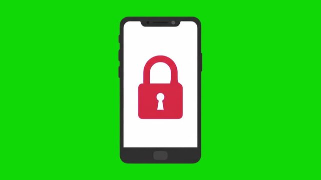 A smartphone display showcases a large red security padlock graphic over a solid chroma key green backdrop. Excellent for demonstrating mobile data privacy, app locking software, or cyber security bre