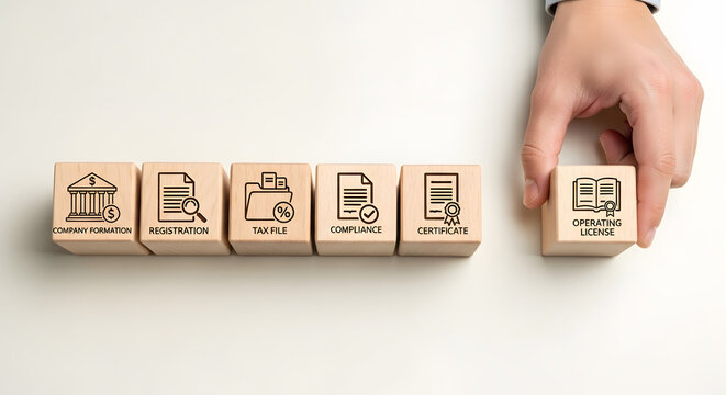 Business setup process with wooden cubes | Hand placing a block for operating license | Conceptual representation of company formation registration tax file compliance and certification workflow 