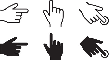 Obraz premium Human hand cursor icons collection showing various pointing gestures and touch screen interactions in outline and solid styles on transparent background.
