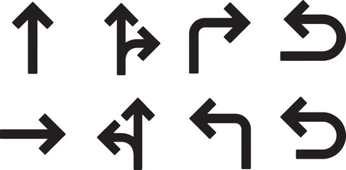 Collection of black arrows on transparent background showing direction including up straight right and left turn and return arrows vector illustration. © dkzone09 