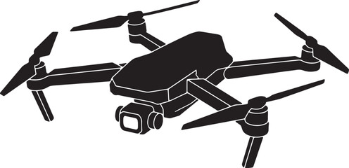 Modern drone vector illustration, flying camera drone silhouette, isolated black unmanned aerial vehicle with propellers and camera on transparent background. © dkzone09 