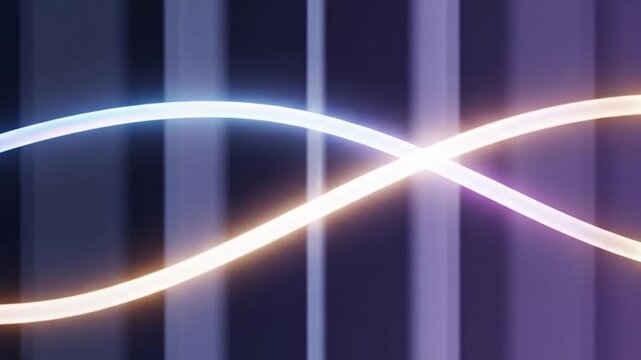Abstract glowing neon light wave intersecting against a dark futuristic background with vertical lines