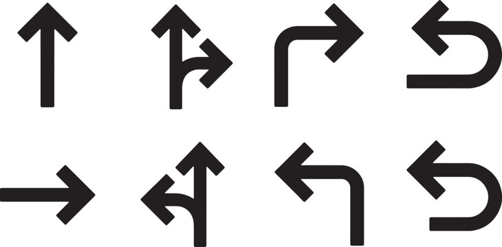 Collection of black arrows on transparent background showing direction including up straight right and left turn and return arrows vector illustration.