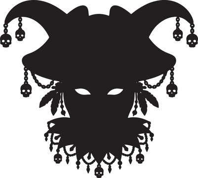 Silhouette of a jester or clown head with skull ornaments hanging from a jester hat and collar on a transparent background for Halloween or themed events.