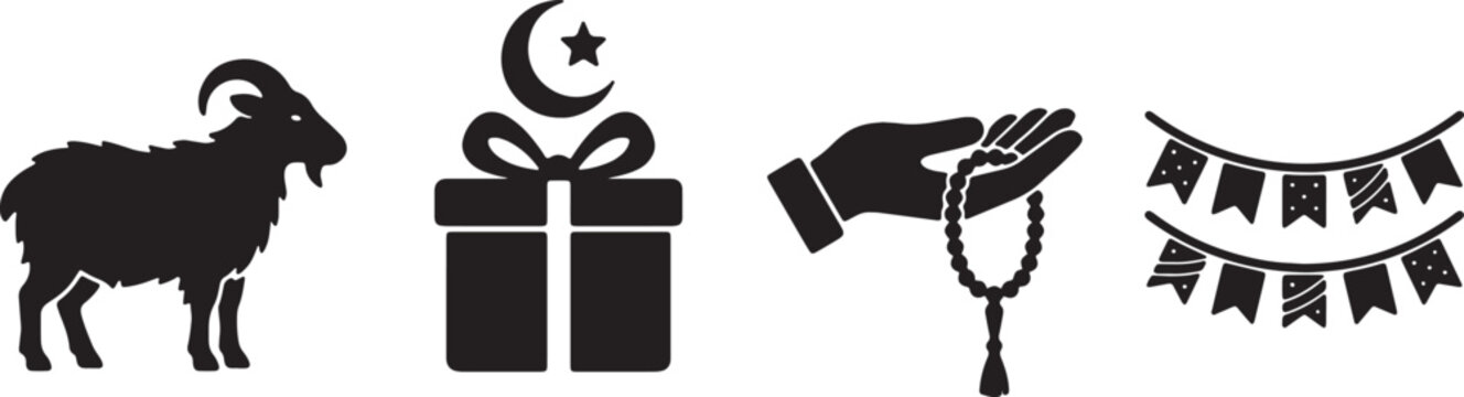 Black silhouette of goat, gift box with moon and star, hand holding rosary beads, and festive bunting flags on a transparent background for Islamic holidays.