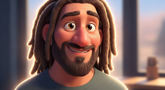 animated cartoon man with dreadlocks smiling.