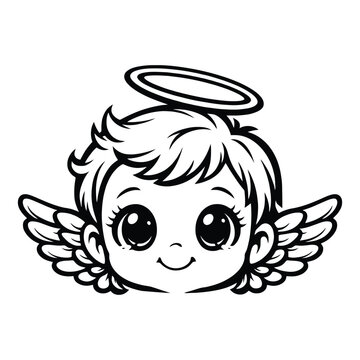 Adorable baby angel line art with wings and halo, clean outline vector perfect for religious themes, nursery decor, stickers and coloring pages.