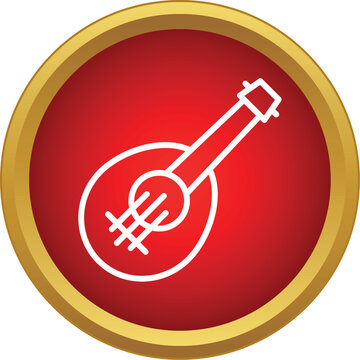 Mandolin musical instrument line icon with strings inside a red circle with gold frame